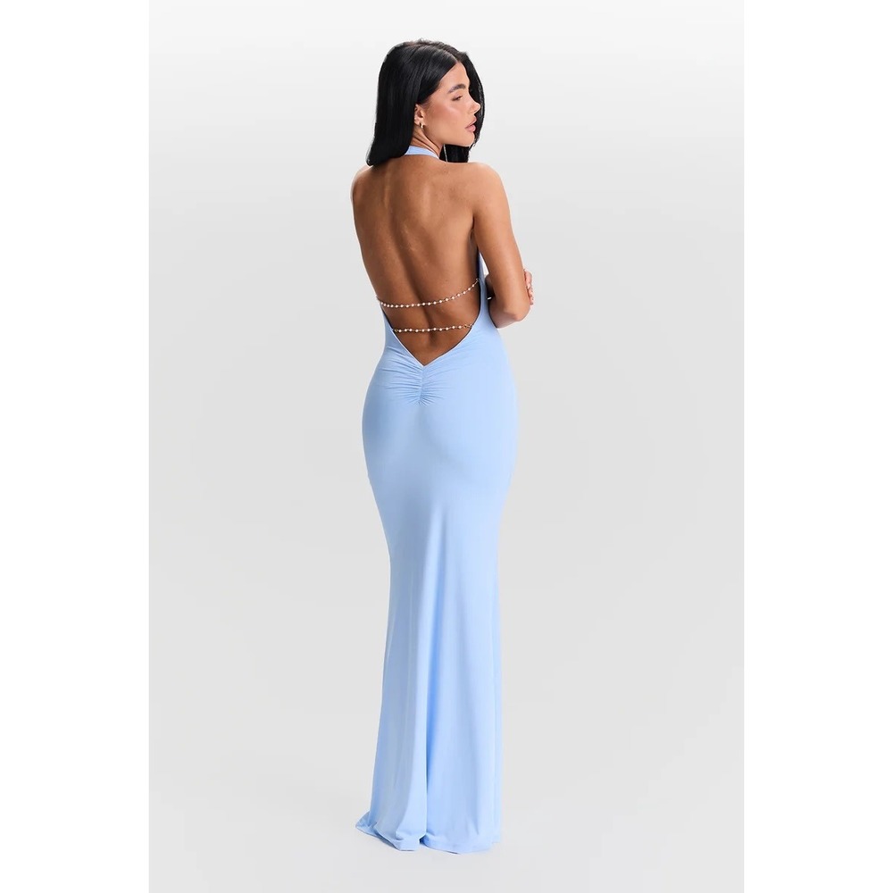 Sasha Therese Harper Dress Blue Halter Cowl Neck Maxi Dress Size M NWT